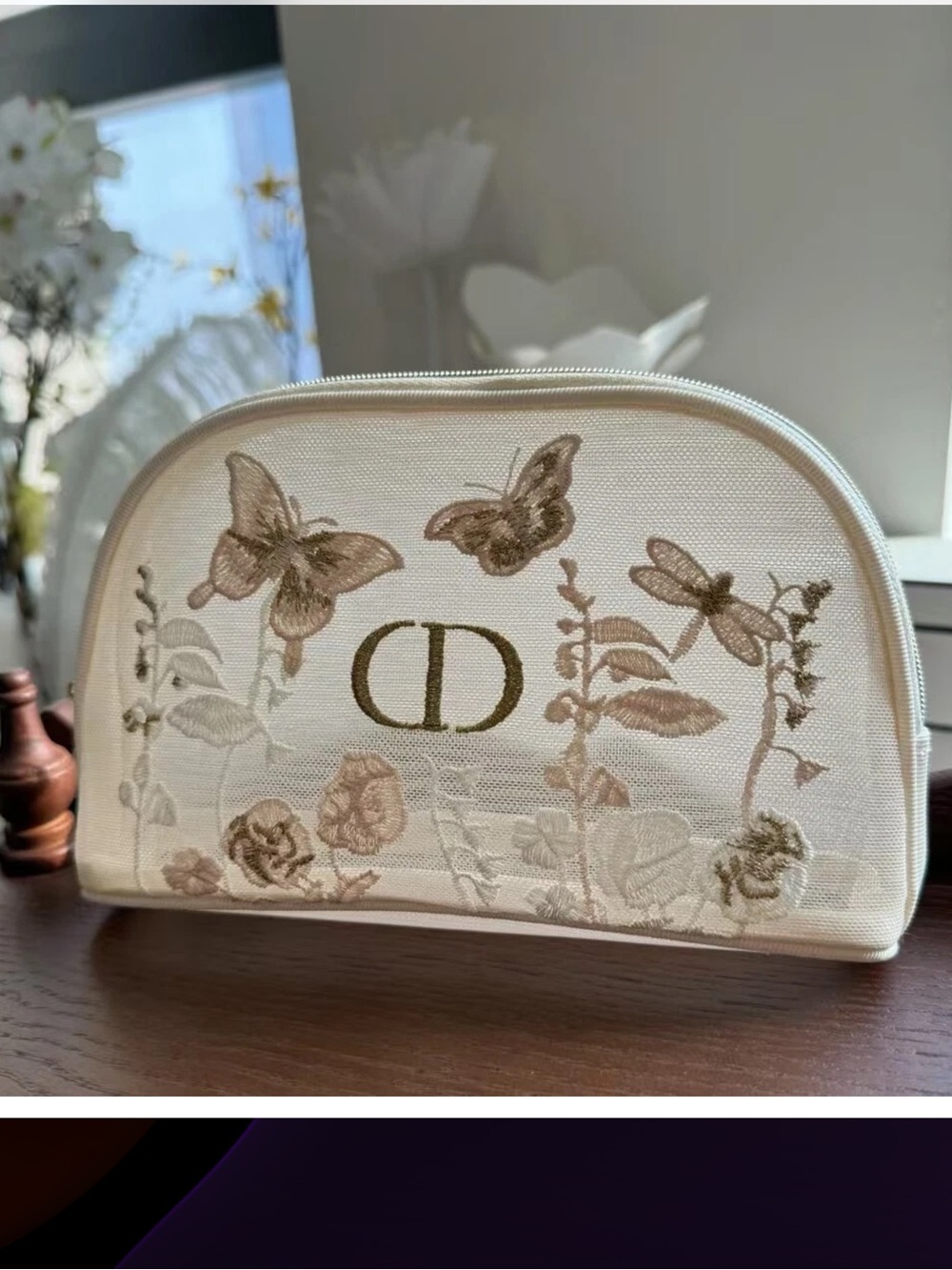 Dior Embroidered Butterfly Cosmetic Pouch - Cream & Gold